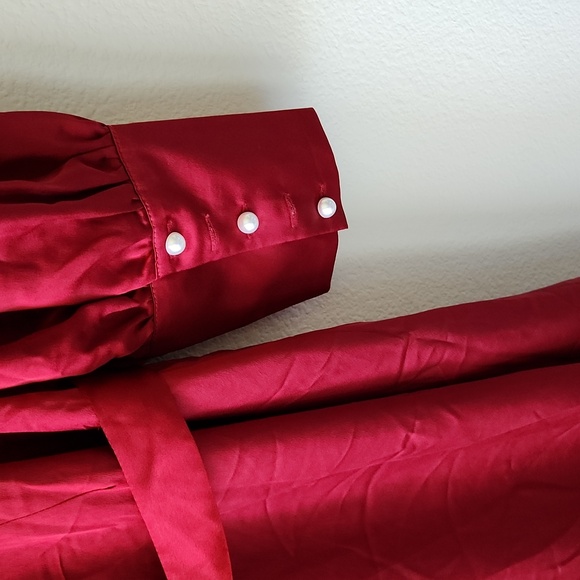 ELOQUII Satin Bishop Sleeve Wrap Dress Sz 16 Pearl Buttons on Sleeves Ruffle Hem - Picture 9 of 10